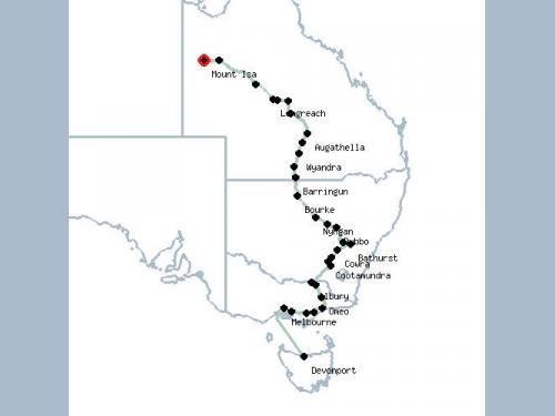 A map with a route from Mount Isa to Launceston